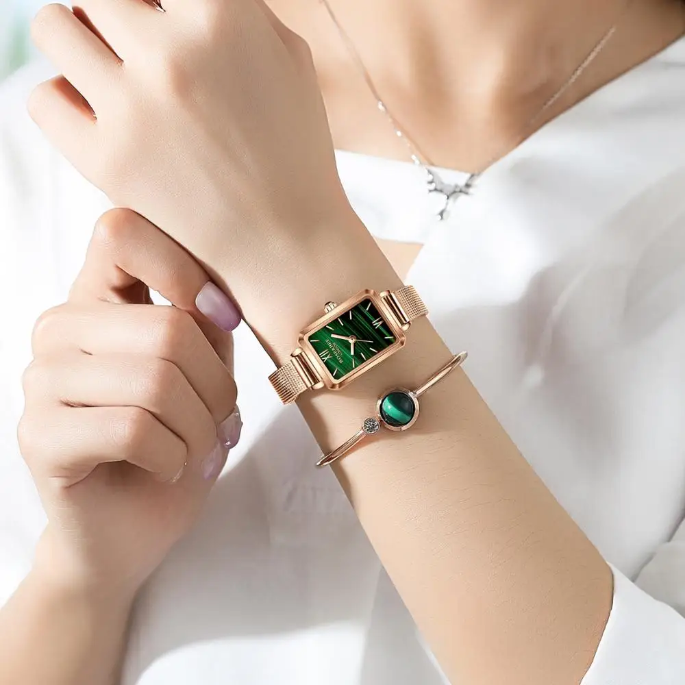 1 Set Bracelet & watch Genuine Leather Strap Green Malachite Japan Quartz Lady First Layer Cowhide Belt Rose Gold Women Watches