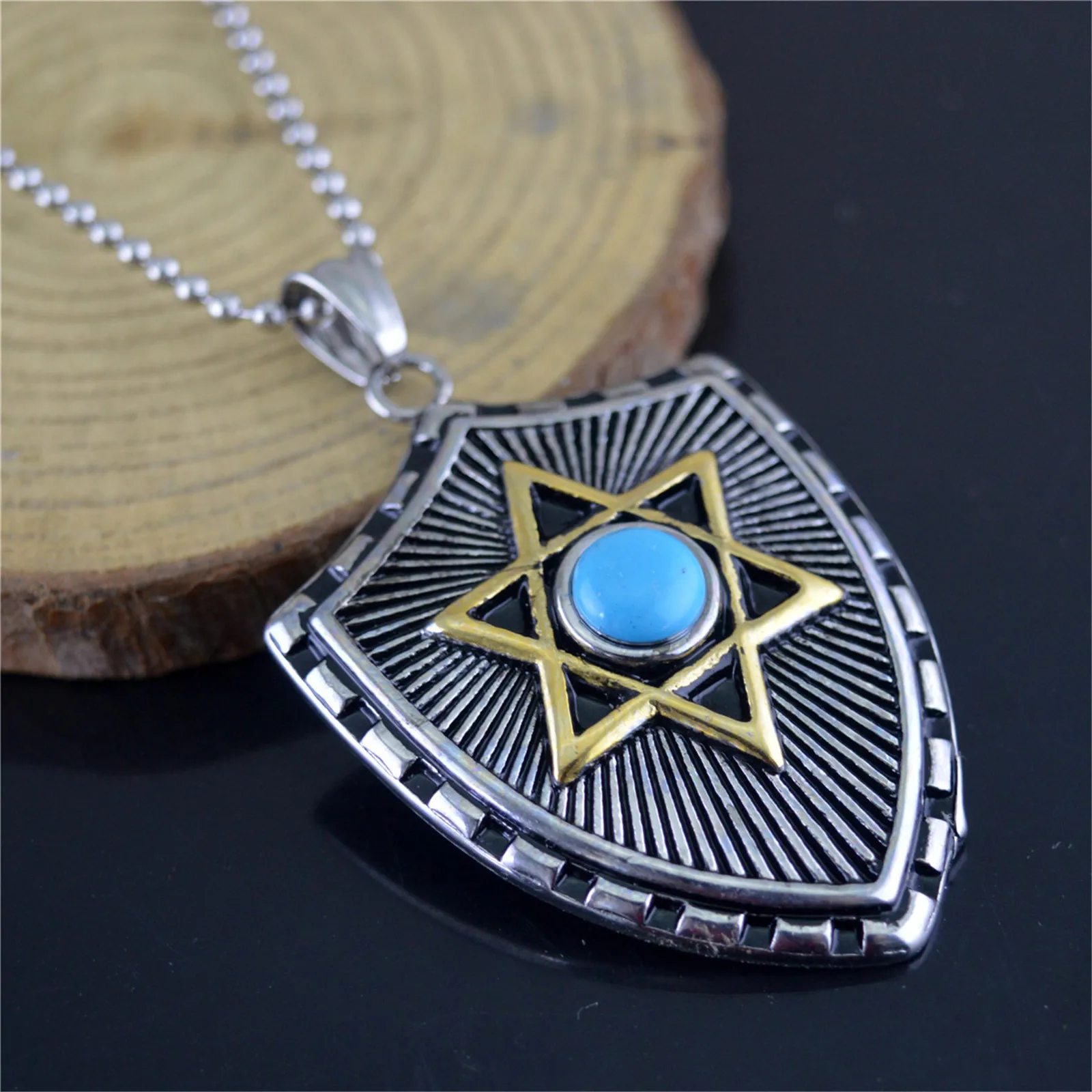 

Seal of Solomon Necklace with Turquoise or Obsidian Stainless Steel Shield Pendant Six-pointed Star Womens Mens Chain Jewish