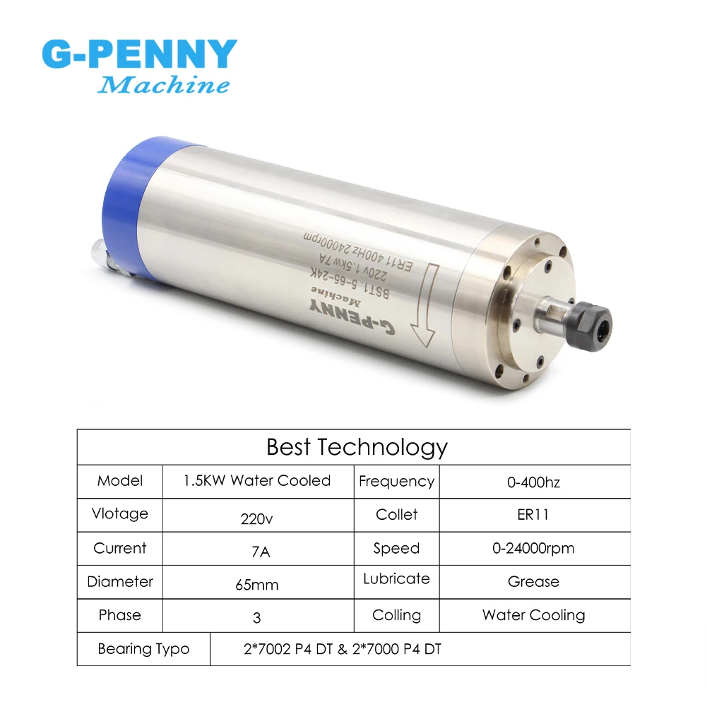 G-Penny D=65mm 1.5kw ER11 Water Cooled Spindle Motor 400Hz 24000rpm 4pcs Bearings Wood Aluminium Working Spindle For CNC Router