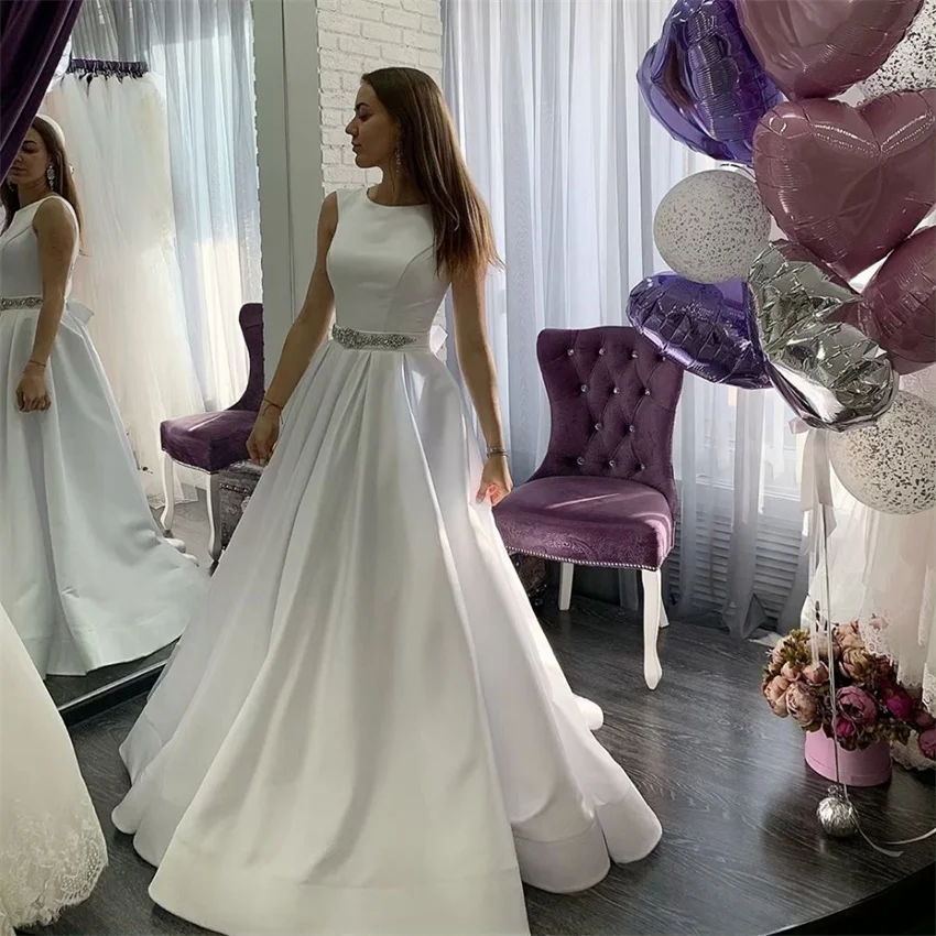 2022 nuovo semplice abito da sposa in raso bianco avorio abiti da sposa lunghi senza maniche abiti da sposa senza schienale Vestido De novas