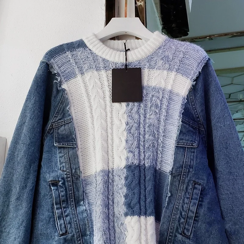 Street Autumn Women Sweater Patchwork Denim Long Sleeve Knitting Pullover Tops O Neck Loose Fit Asymmetrical Casual Sweaters