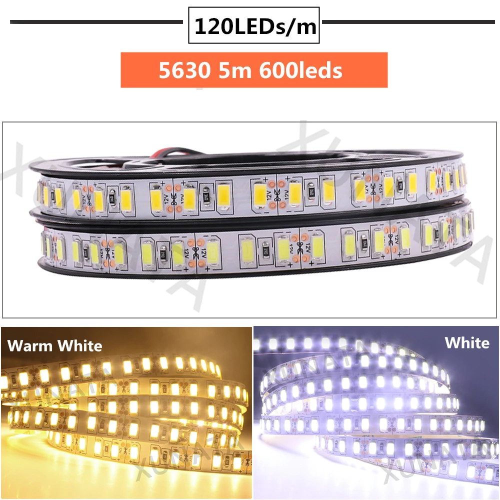 Dc 12v led strip 60leds 120leds/m smd 5630 5730 luzes 5050 2835 5054 fita flexível fita lâmpada led strip luz 5 m/lote