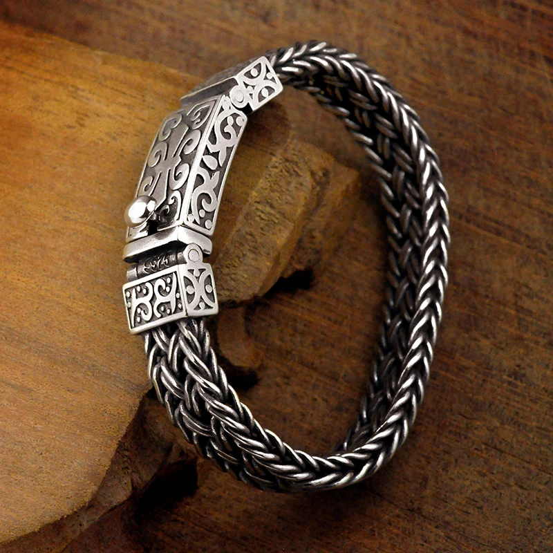 Real 925 Sterling Silver Bracelet Men's Wide 11mm Retro Punk Rock Wire Chain Chain and Bracelet Male Thai Silver Jewelry Gift