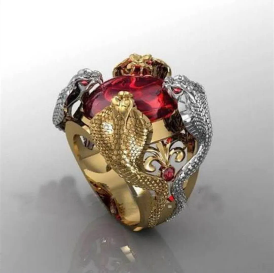 Anillo de dedo Punk gótico para hombre, serpiente, pitón, Cobra, Animal cornado, con piedras preciosas rojas, diamantes de imitación de cristal, joyería de fiesta masculina