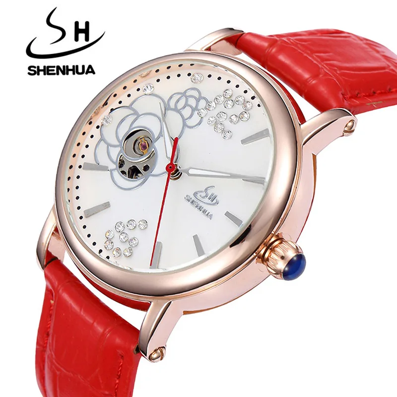 

Mechanical Watches Women Shenhua Brand Gold Hollow Skeleton Automatic Self-Wind Leather Watch Casual Rhine Diamond Wristwatches