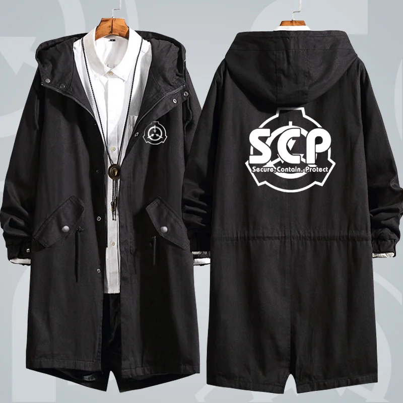 Men Long Coat Anime Game SCP Foundation Cosplay Loose Hoodie Coat Long Trench Jacket Sweatshirt Thicken Overcoat