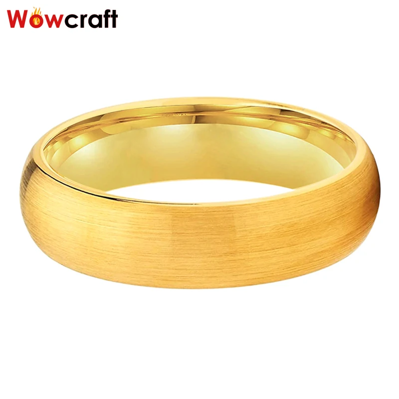 6mm Gold Tungsten Wedding Rings for Women Men Domed Brushed Finish Surface Comfort Fit US Size 5-15