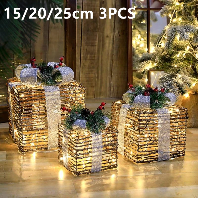 

Пустотелые рождественские украшения, светодиодсветодиодный Подарочная коробка с бантом, железная коробка, новогодние, праздничные принадлежности для дома с гирляндой, 15/20/25 см, 3 шт.