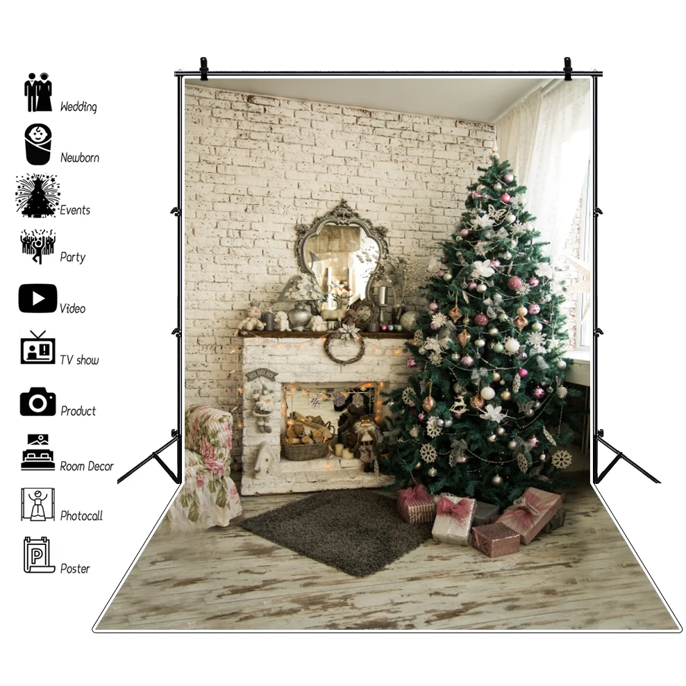 Sáng Bóng Cây Giáng Sinh Hình Phông Nền Vòng Hoa Quà Tặng Gấu Sàn Gỗ Chụp Ảnh Nền Phòng Nội Thất Trang Trí Nhà Photophone