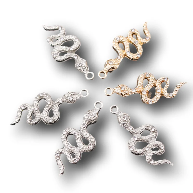 8pcs Handmade Rhinestone Snake Metal Pendants DIY Charms Necklace Earring Jewelry Crafts Making For Woman 35*15mm A2221