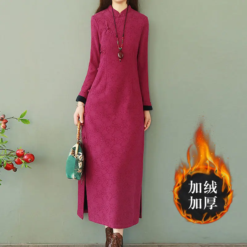 Chinese Retro Disc Button Plus Velvet Cheongsam Dress Women Winter Thick Jacquard Cotton And Linen Dres Long Female Robes M168x