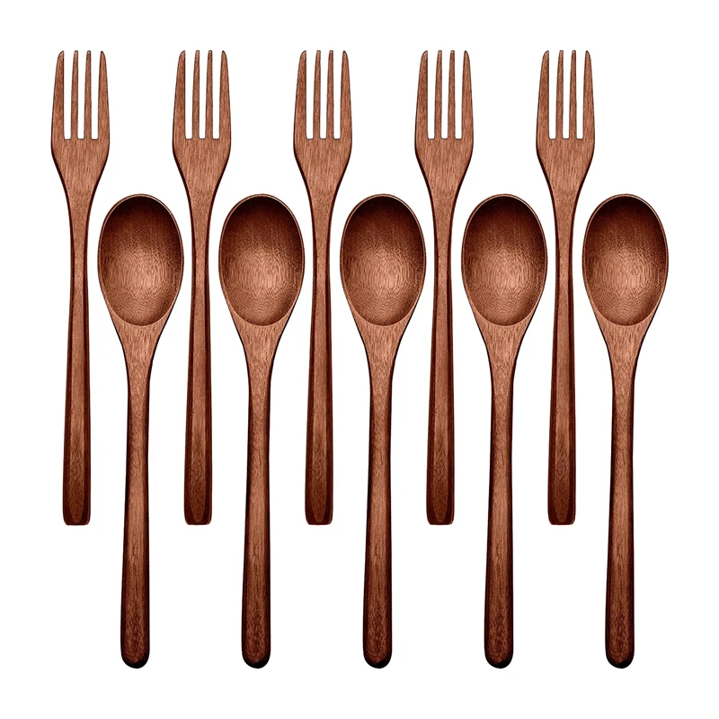 

10 Pcs Wooden Spoons Forks Set Wooden Utensil Set Reusable Natural Wood Flatware Set for Cooking Stirring Eating