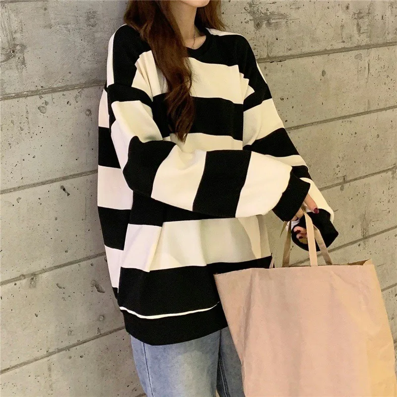 Loose Striped Sweatshirts Women Fleece Thick Oversized Harajuku T-Shirts Female Long Sleeve O Neck Korean Fashion Tops 2021