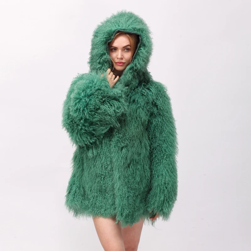 warm fur coat genuine Mongolia lamb fur women coats with hood outerwear real Sheepskin overcoat Mongolia Sheep fur coat