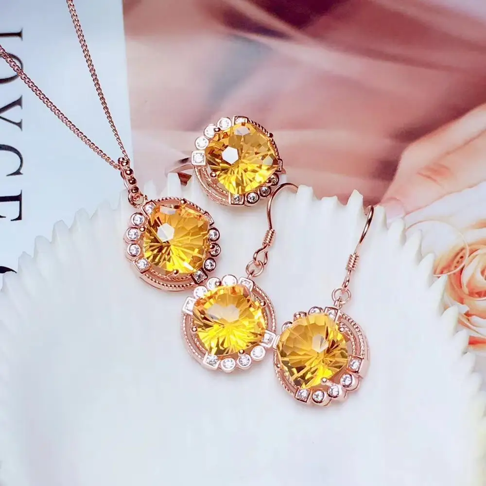 new style yellow citrine ring earrings necklace jewelry set women 925 sterling silver hook earrings rose golden girl  party gift