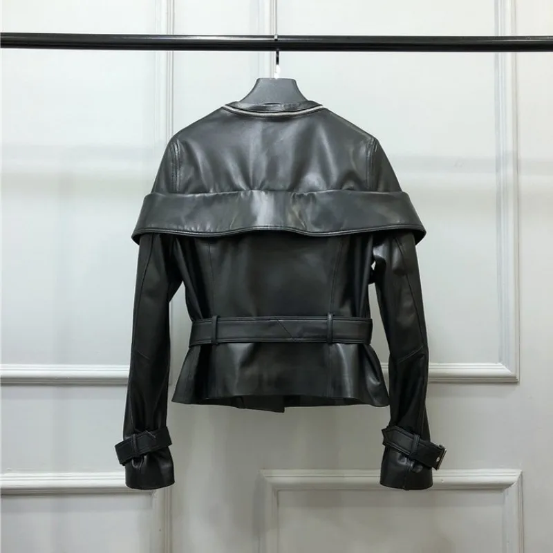 Designer Motorcycle Biker Jacket Female Slim Sashes Sheepskin Real Leather Short Coat Streetwear Punk Black Zipper Outerwear