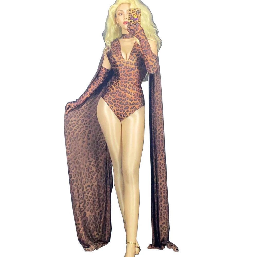 

Leopard Printing Women Tights Bodysuits Cloak Sleeves Nightclub Performance Stage Wear Uniform Drag Queen Costumes