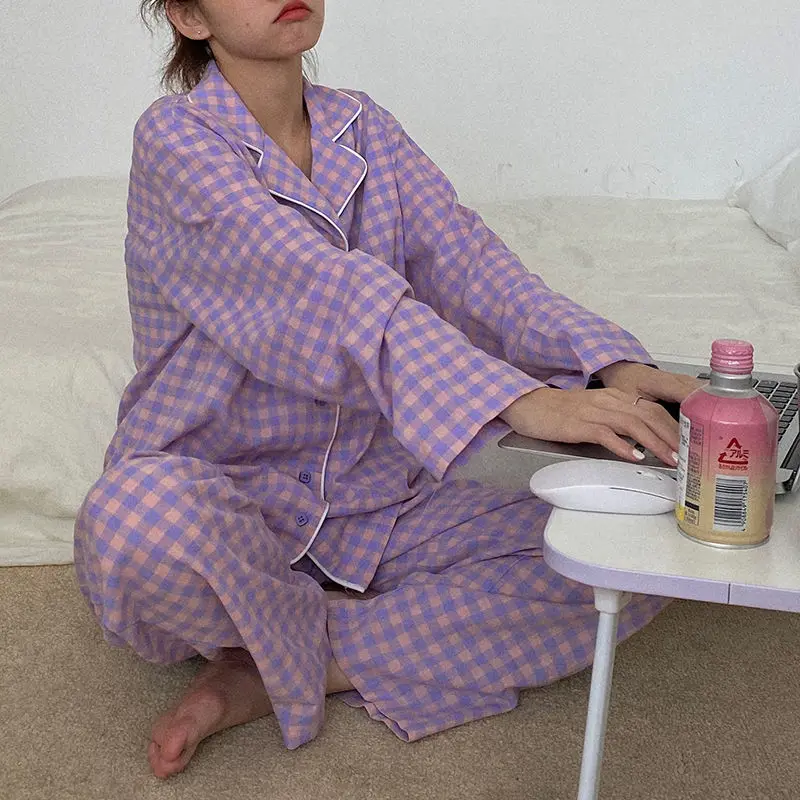 Autumn Pajama Sets Ulzzang Plaid Preppy Long Sleeve Soft Lovely Girls Nightwear Loose Trendy Daily Chic 2 Piece Womens Sleepwear