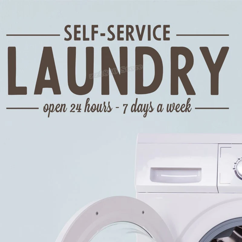 Self-Service Laundry Open 24 Hours Wall Decal Vinyl Decal Laundry Room Sign Wall Sticker Laundry Room Decoration Wallpaper B893