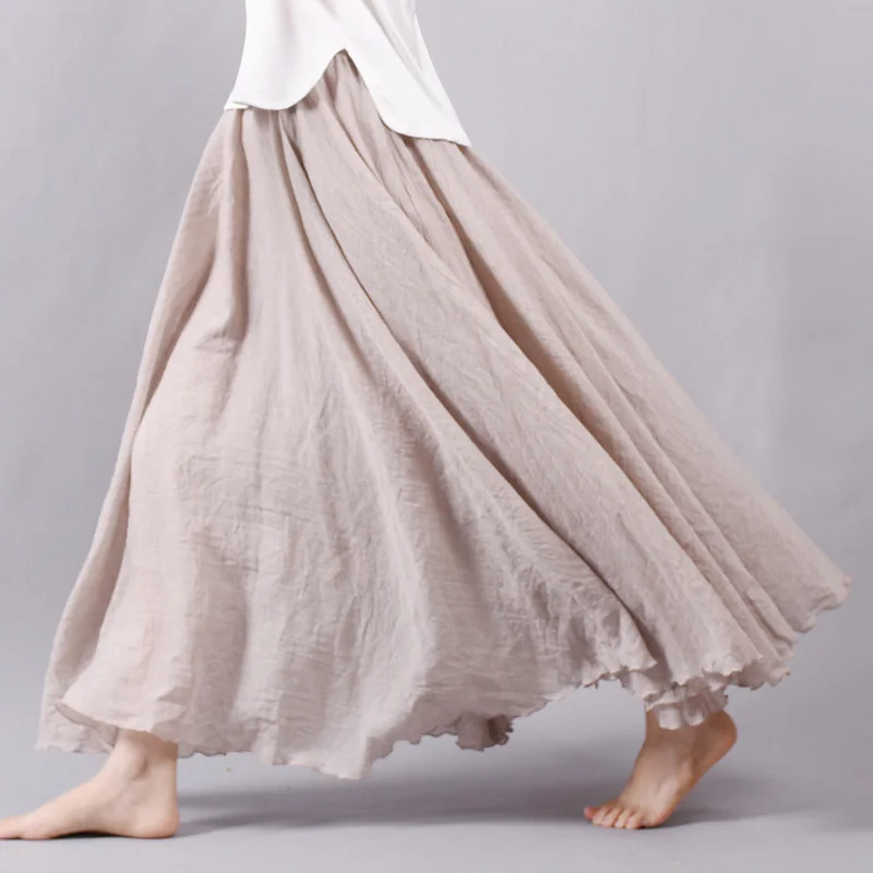 

Women's Elegant High Waist Linen Maxi Skirt 2024 Summer Ladies Casual Elastic Waist 2 Layers Skirts saia feminina