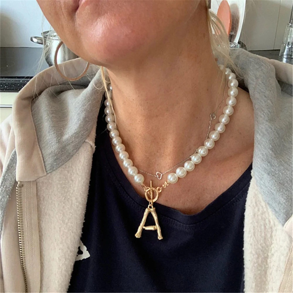 Collar de perlas para mujer, cadena A B C D E F G H I J K L M N O P Q R S T U V W X Y, Gargantilla con letra de bambú de Color dorado
