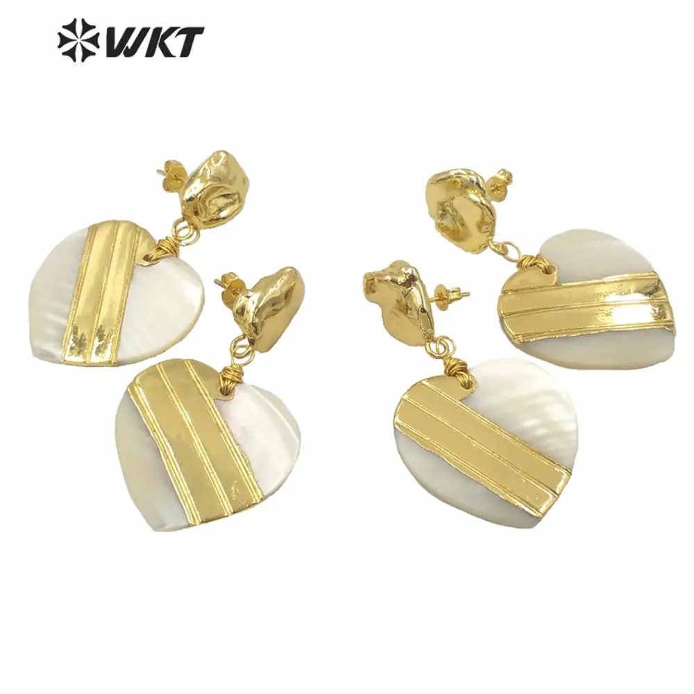 MPE043 Wholesale Fashion Natural White Shell Earrings With Gold Metal Plated Heart Shape Earrings Romantic Love Tokens