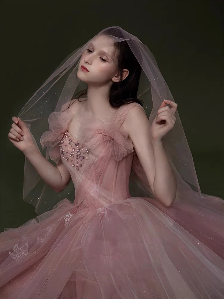 Elegant Pink Strapless A-Line Tulle Formal Evening Gowns Classic Backless Thin Waist Floor Length Wedding Party Dress