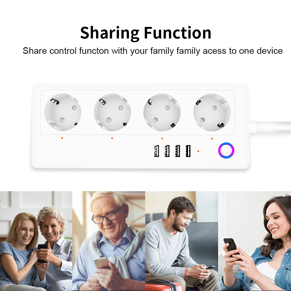 Tomada Inteligente Tuya Smart Life, Power Strip, Plugue Multi com Portas 4USB, Compatível com Alexa, Google Home, 4 Portas USB