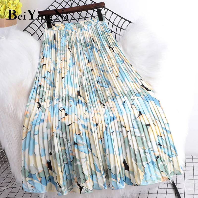 Beiyingni High Waist Midi Skirts for Woman Floral Printed Casual Vintage Korean Chiffon Lining Skirt Women 2023 Faldas Clothes