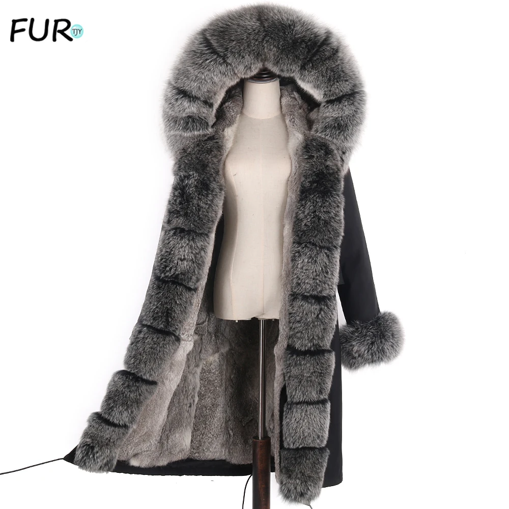 

FURTJY real natural fox fur coat jacket parka with fox fur big large fox fur collar rabbit fur liner thick warm new waterproof