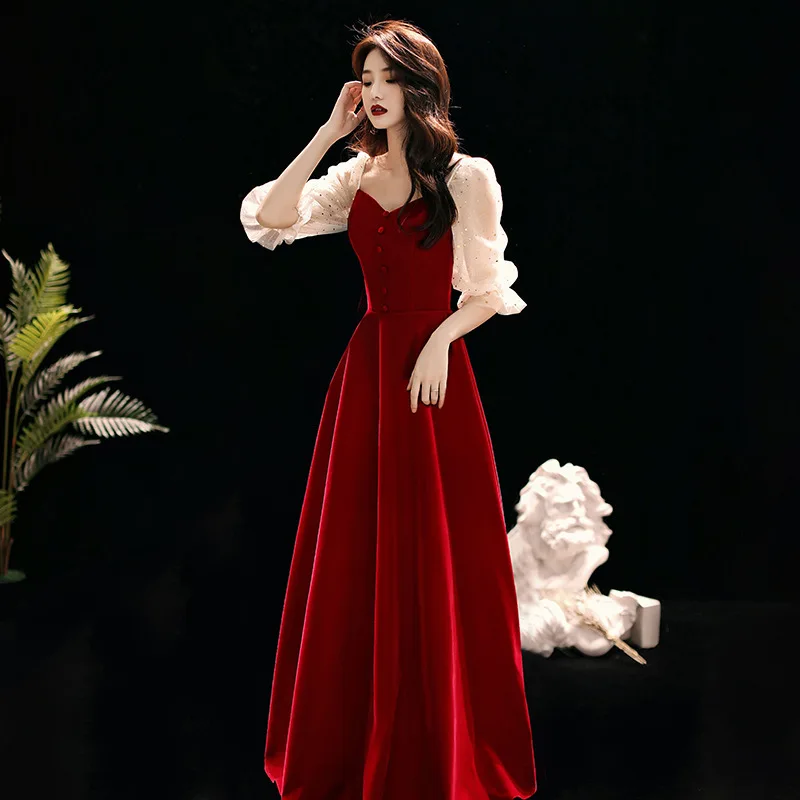 Burgundy Velour Toast Dresses 2020 A-Line Temperament Evening Gown Formal Dress Vestido de Festa