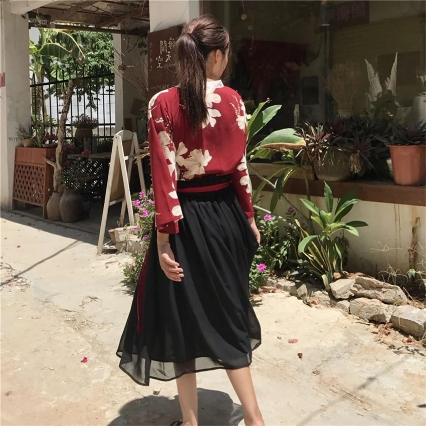 Thin Kimono Traditional Floral Chinese Style Hanfu Improved Hanfu Girls Yukata Summer Top Skirts Outfits Dress For Women Vintage