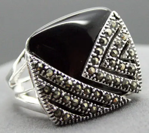 

unsex 14*15mm Square Natural Black Natural jade Marcasite 925 Sterling Silver Ring Size 7/8/9/10