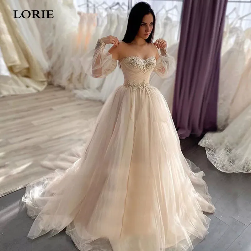 LORIE Gaun Pengantin Boho 2021 Gaun Pengantin Elegan Putri Lengan Lebar A-Line Renda Applique Sweetheart Gaun Pengantin