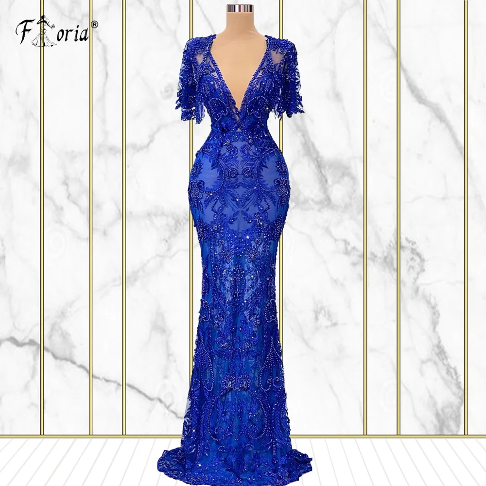 Vestido de noche de sirena azul musulmán, elegante cuello en V, manga tapada, encaje con cuentas, Formal, para ocasiones, largo hasta el suelo, fiesta, graduación