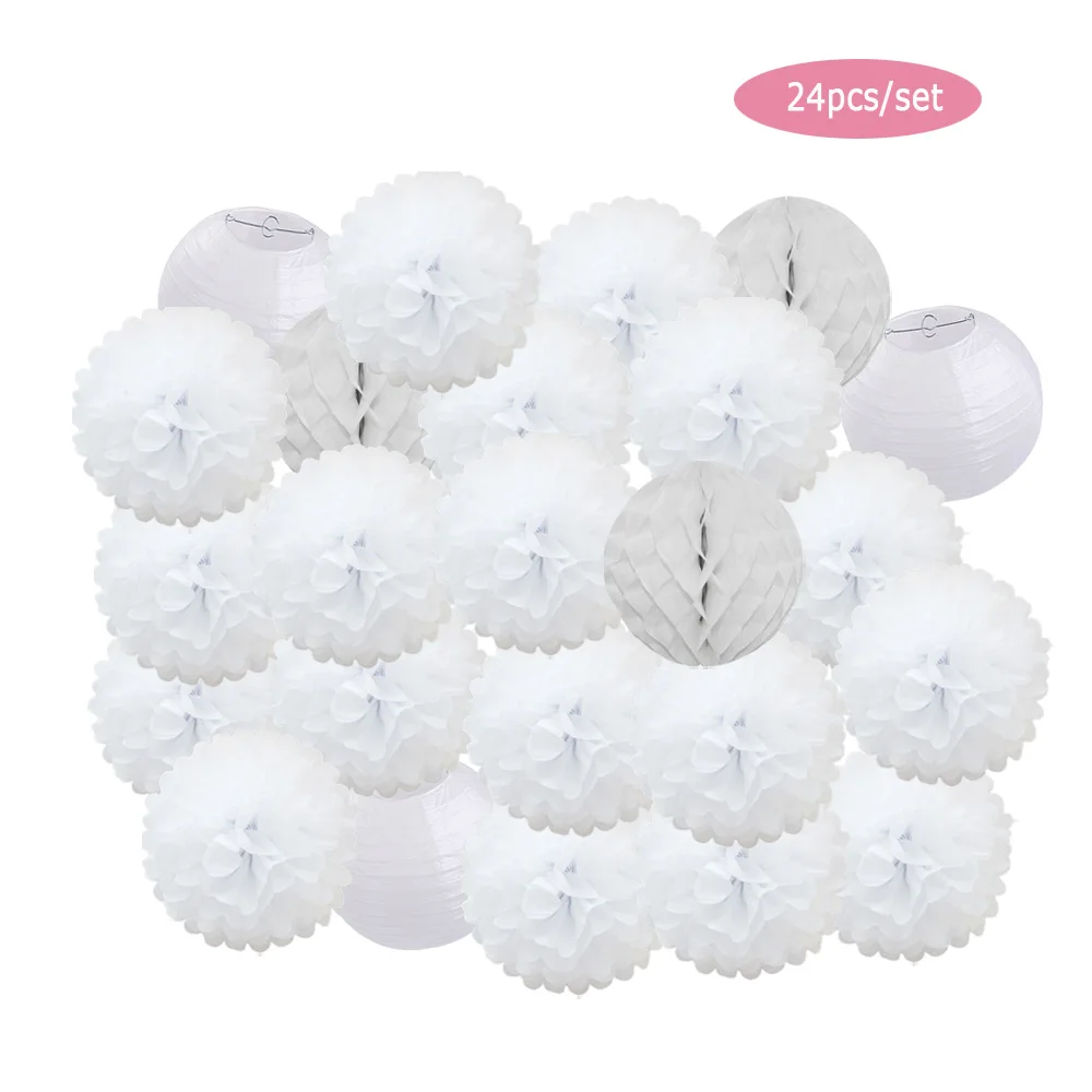 Pink White Set Round Paper Ball Lanterns Folding Baby Boy Girl 1st Birthday Party Favor Baptism Wedding Decor Honeycomb Pompom