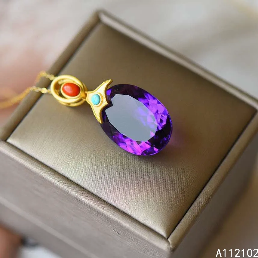KJJEAXCMY fine jewelry 925 Sterling Silver inlaid Amethyst Girl ancient French silver retro Chinese style GEM PENDANT support