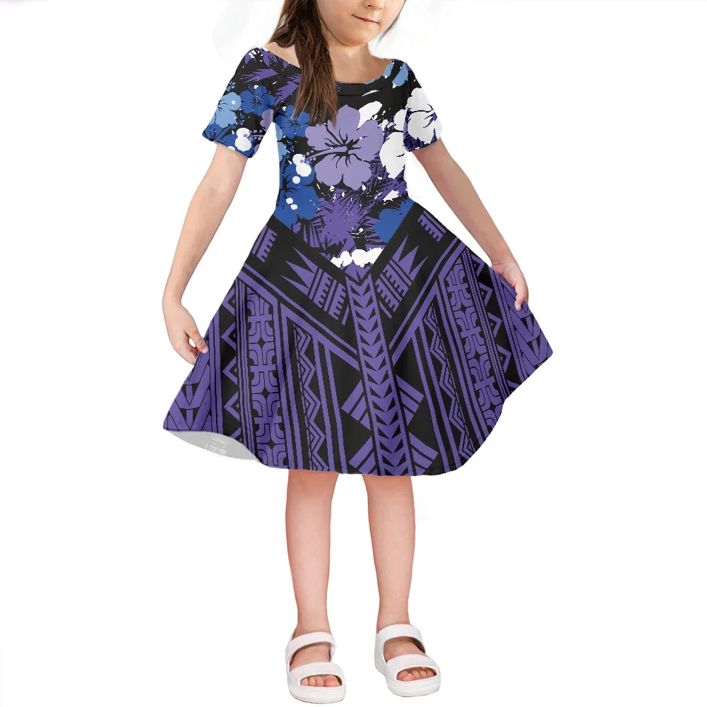 Hycool Girls Floral Dress Polynesian Tribal Hawaii Floral Printing Manufacturer Kids Clothing 12 Years Old Girls Wedding Dress