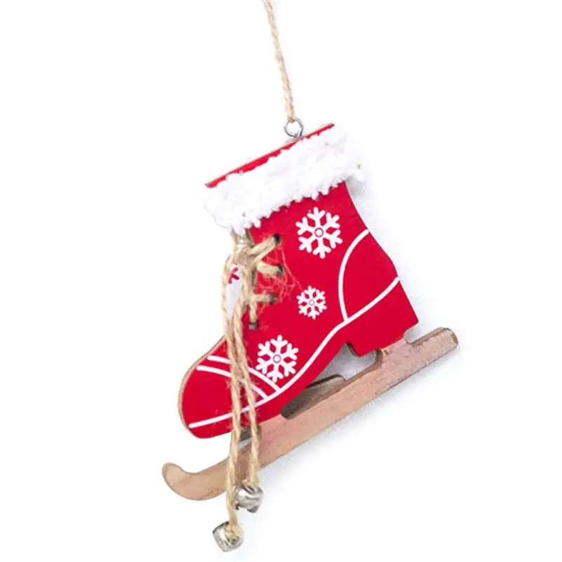 Christmas Wooden Ice Skates Shoes Hanging Ornament Pendant With Bell Party Decor