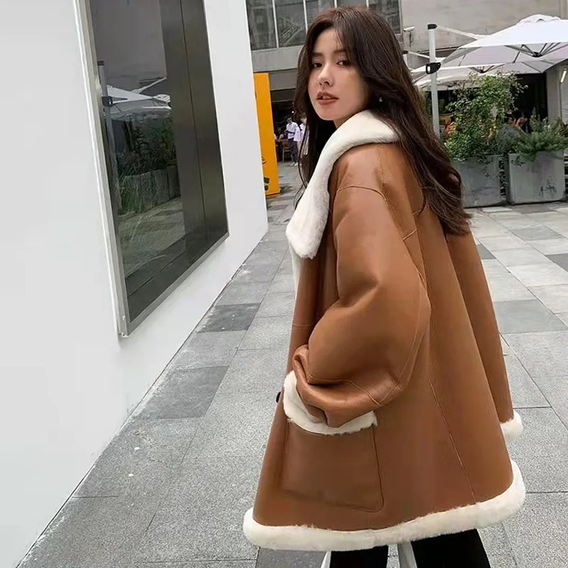 Natural Real Sheep Fur Coat Winter Women High Quality Medium Length Thick Warm Genuine Leather Jacket Both Sides To Wear