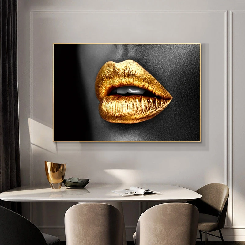 Sexy Mouth Golden Lips Painting Canvas Prints Wall Art Pictures For Living Room Modern Home Decor Black Sliver Lips Cuadros