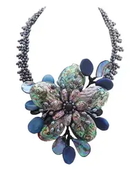 Y·YING Freshwater Black Pearl Abalone Shell Agates Flower Statement Necklace 20