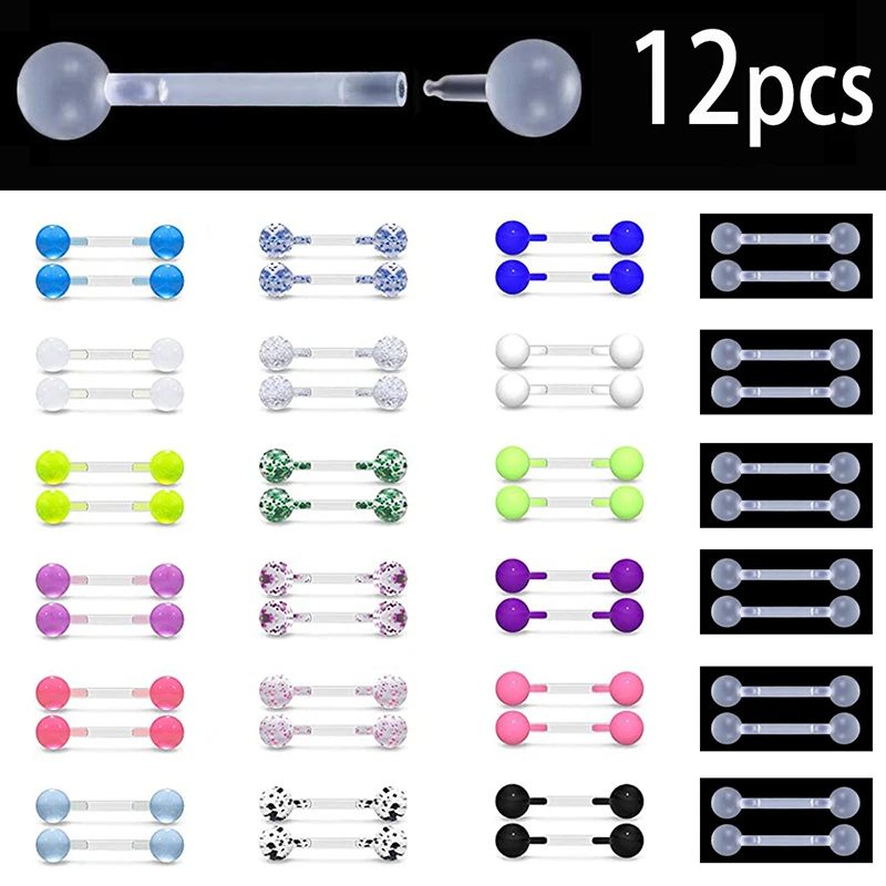 12pcs/set Acrylic Tongue Ring Nipple Piercing Barbell Clear Soft Stud Ear Cartilage Tragus Bar Flexible Women Body Jewelry 14G