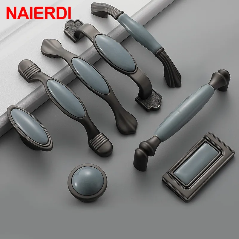 NAIERDI Ceramic Cabinet Knobs Handles Mediterranean Blue Gray Wardrobe Door Pulls European Furniture Handle Cabinet Hardware