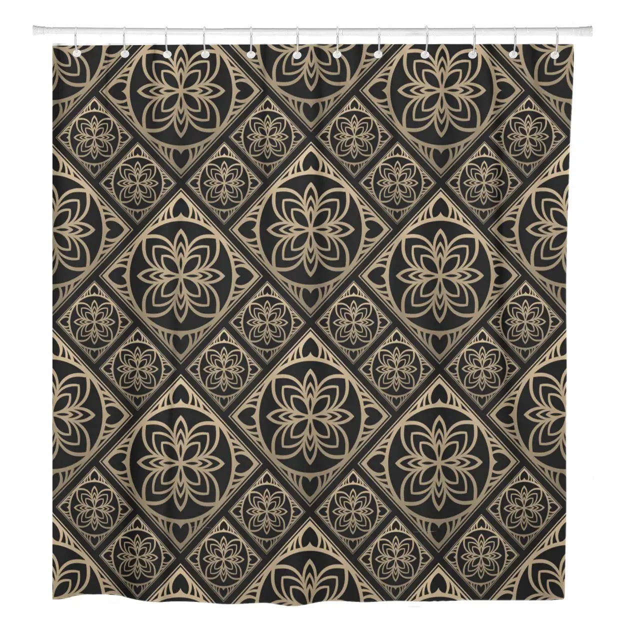 Pattern Oriental Black and Golden Floral Tiles Gold Arabic Shower Curtain Waterproof Polyester Fabric 72 x 78 Inches Set