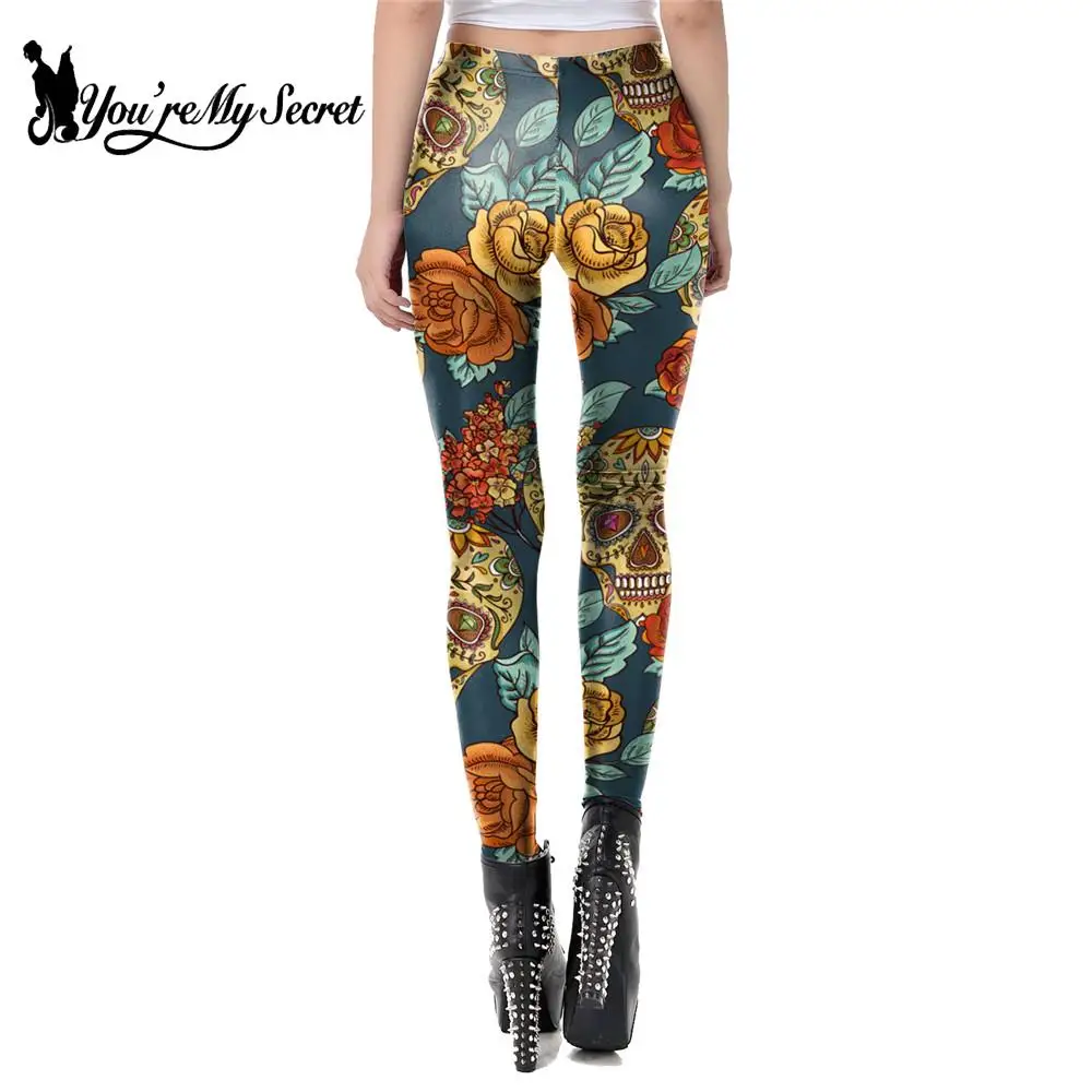 [You\'re My Secret] 2023 Spring New Skull Leggings 3D Rose Women Fitness Legging Mid Waist Leggin Slim Vintage Workout Pants