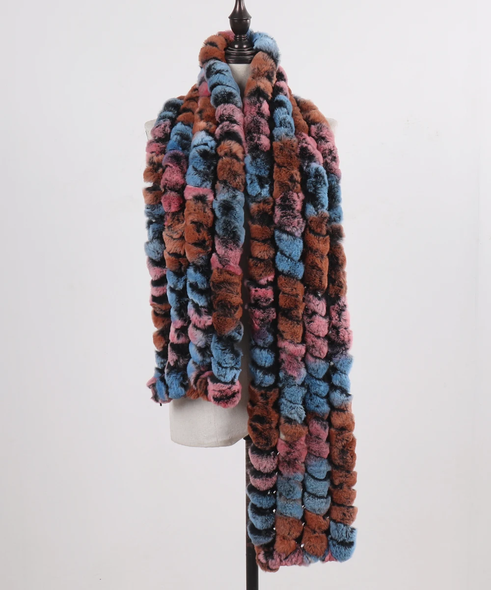 Neue Marke Gestrickter Modischer Damen Echt Rex Kaninchenfell Schal Frauen Winter Warmer Natürlicher Pelzschal Langer Stil Echter Pelz Halswärmer – Detail 23