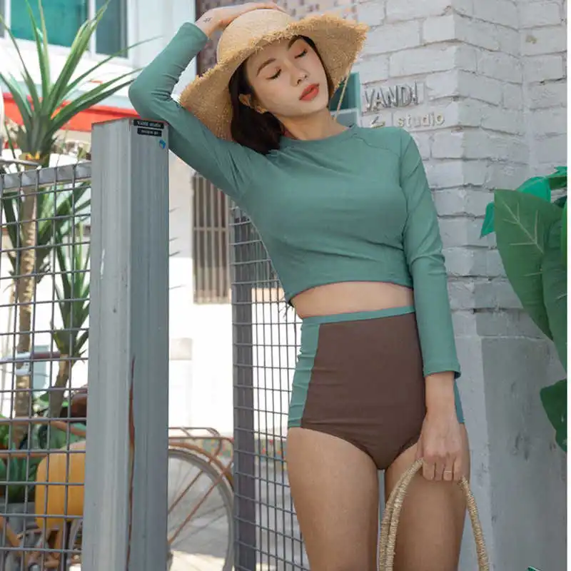 2021 New Hot Contrast Color Conservative Split High-Waisted Flat-Angle Slimming Belly-Covering Long-Sleeved Sports Warm Swimwear