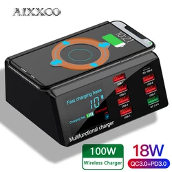AIXXCO 100W USB C Wireless Charger Smart LED Display 8-Port Docktop Type C PD QC3.0 Fast Charger Station for Samsung iPhone