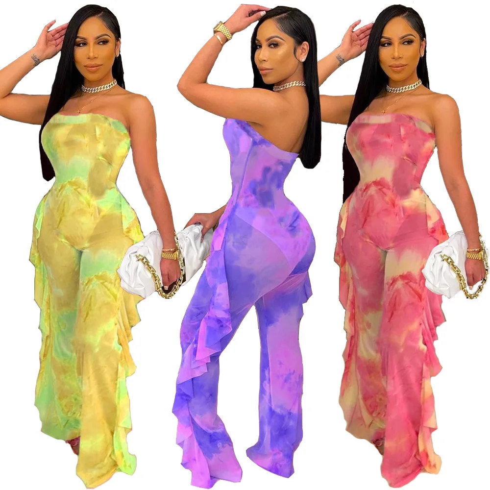 2021 Tie Dye Print Ruffle Sheer Mesh Jumpsuit Women Sexy Summer Beach Strapless Romper Wide Leg Pants Holiday Overalls